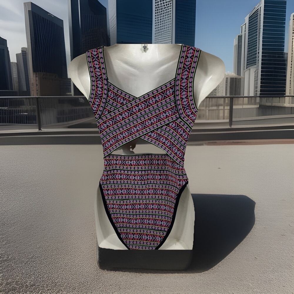 ASOS Multicolor Tribal Criss Cross Cutout One Piece Swimsuit Size 4 - Picture 3 of 7